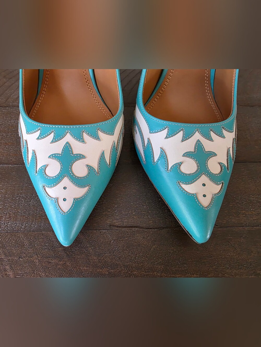 Ralph Lauren Made In Italy Celia Western Pumps Aqua Cream Leather - EU 39 US 8 - Picture 10 of 16